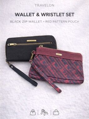 Travelon Wallet & Wristlet Set Black Zip Wallet Red Pattern Pouch